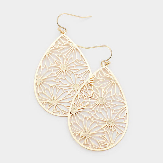 Filigree Flower Detail Brass Metal Teardrop Dangle Earrings