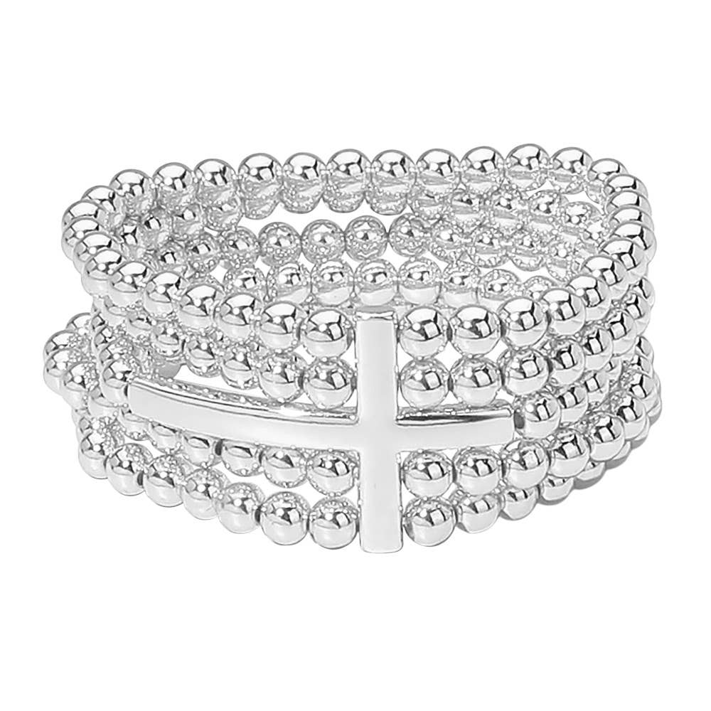 Metal Cross Accent Layered Beaded Strand Stretch Bracelet