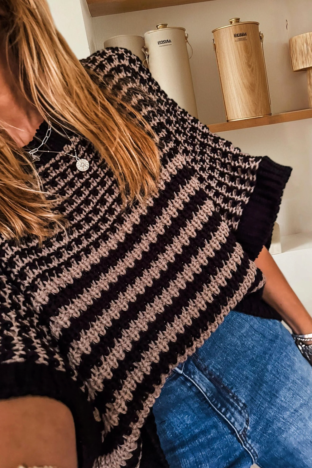 66 Stripe 3/4 Draped Sleeve Slouchy Sweater (S-XL)