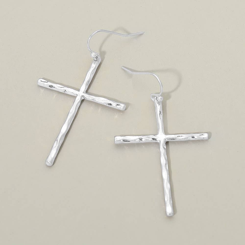 Hammered Metal Cross Charm Drop Dangle Earrings