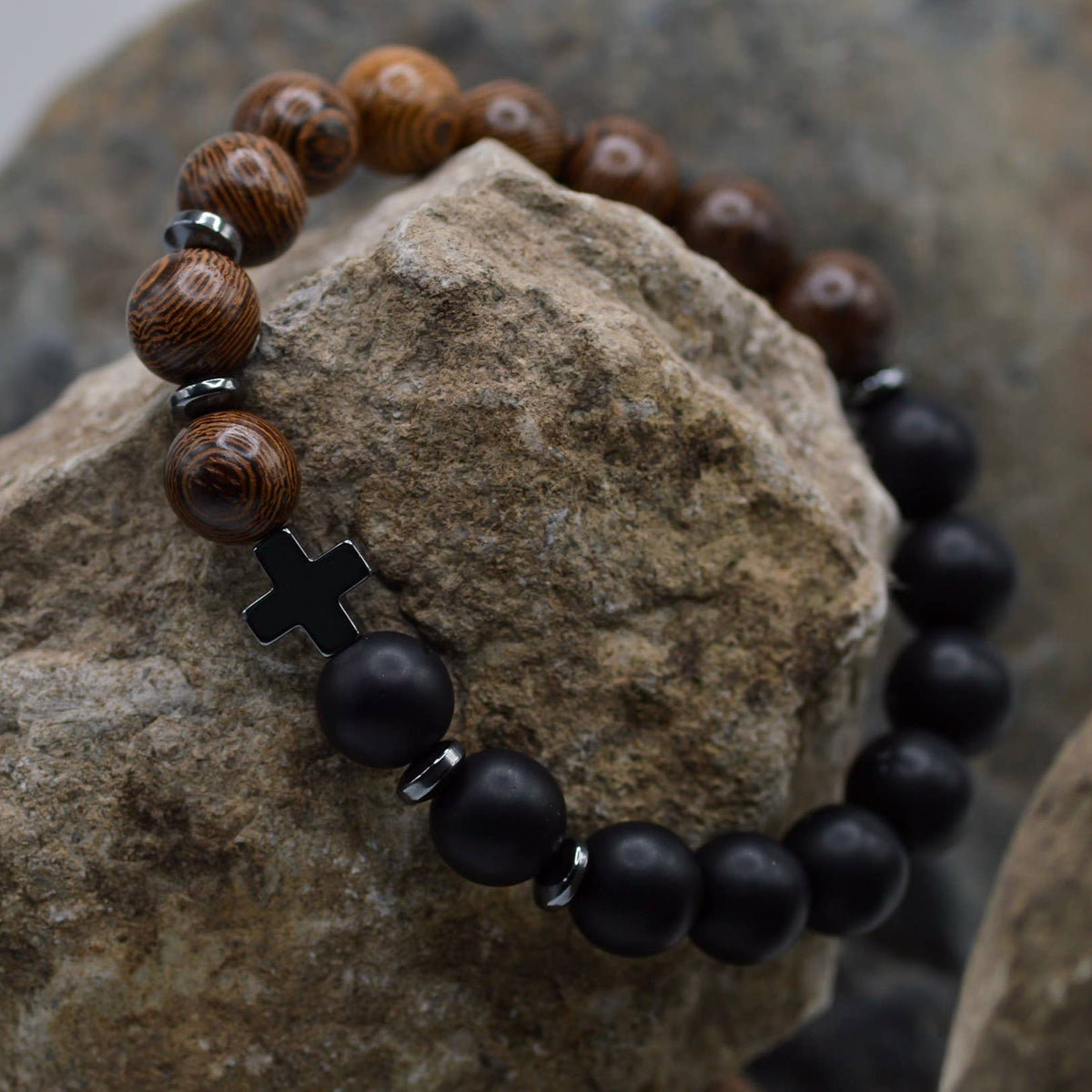 Wood & Black Onyx Beaded Cross Bracelet