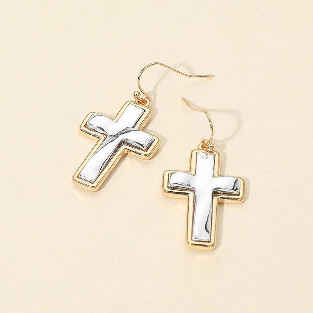 Two Tone Metal Cross Charm Drop Earrings