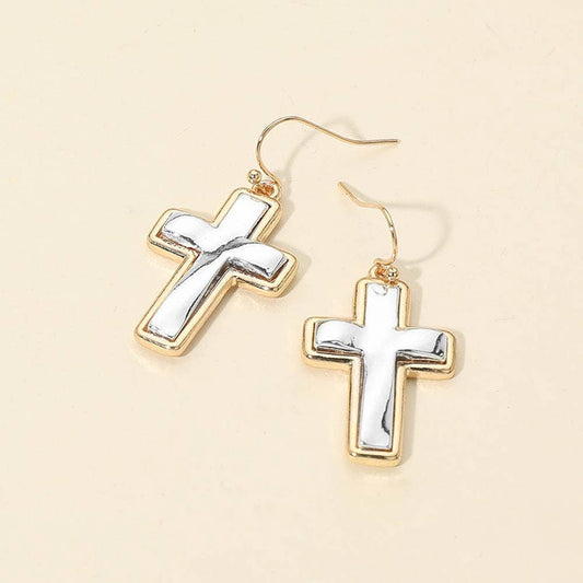 Two Tone Metal Cross Charm Drop Earrings