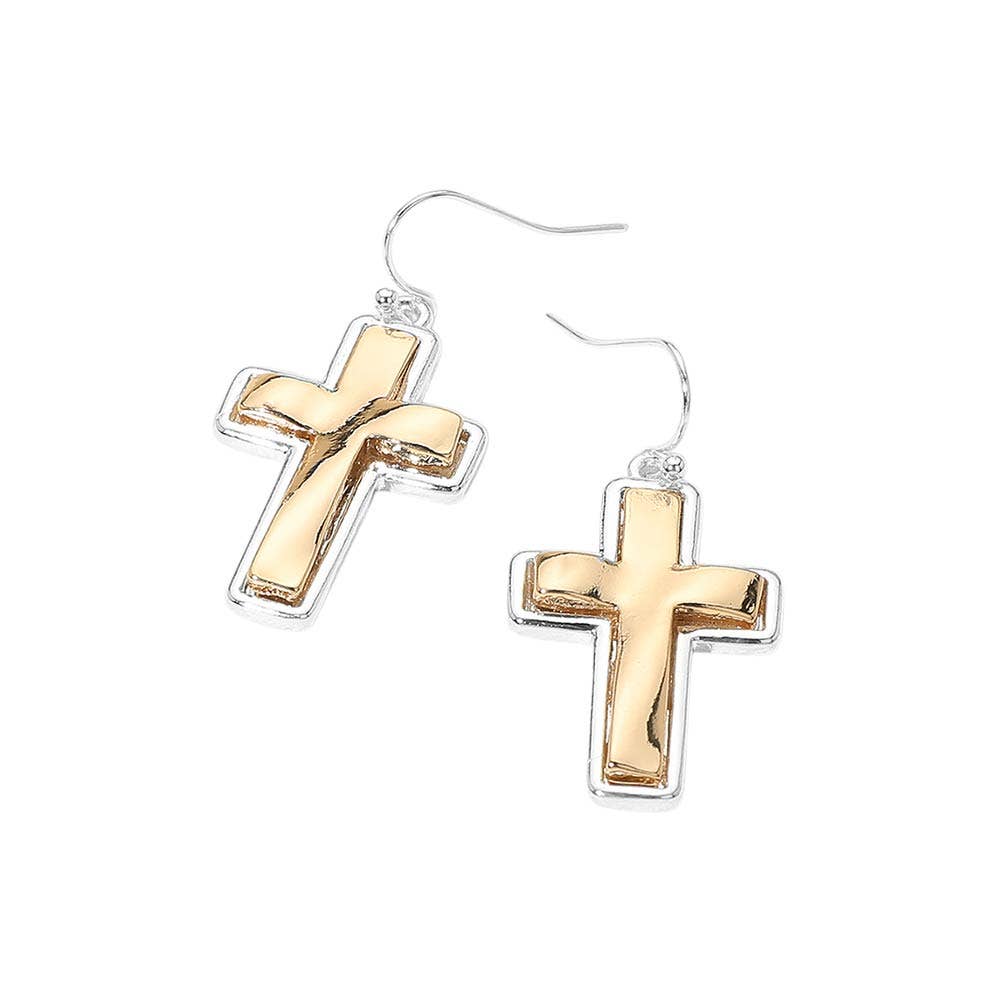 Two Tone Metal Cross Charm Drop Earrings
