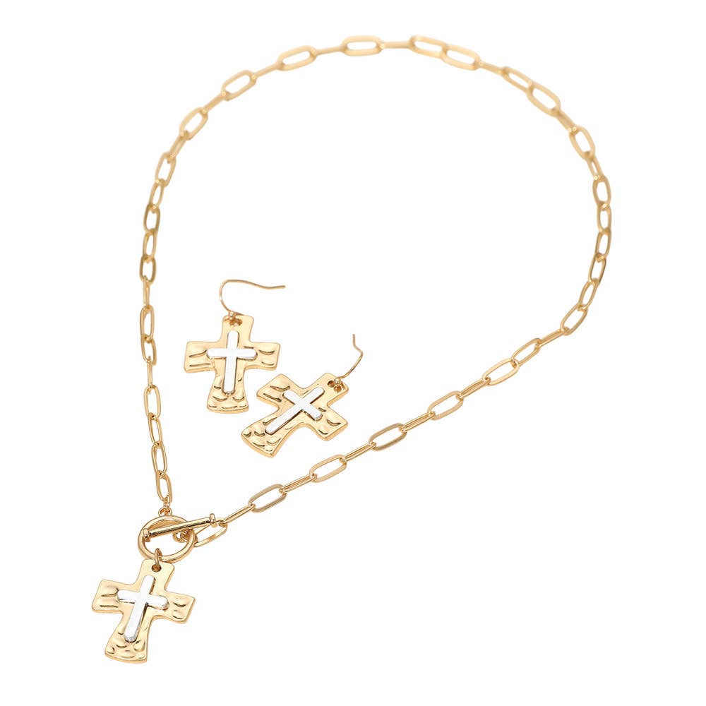 Brushed Hammered Metal Cross Pendant Paperclip Chain Toggle Necklace