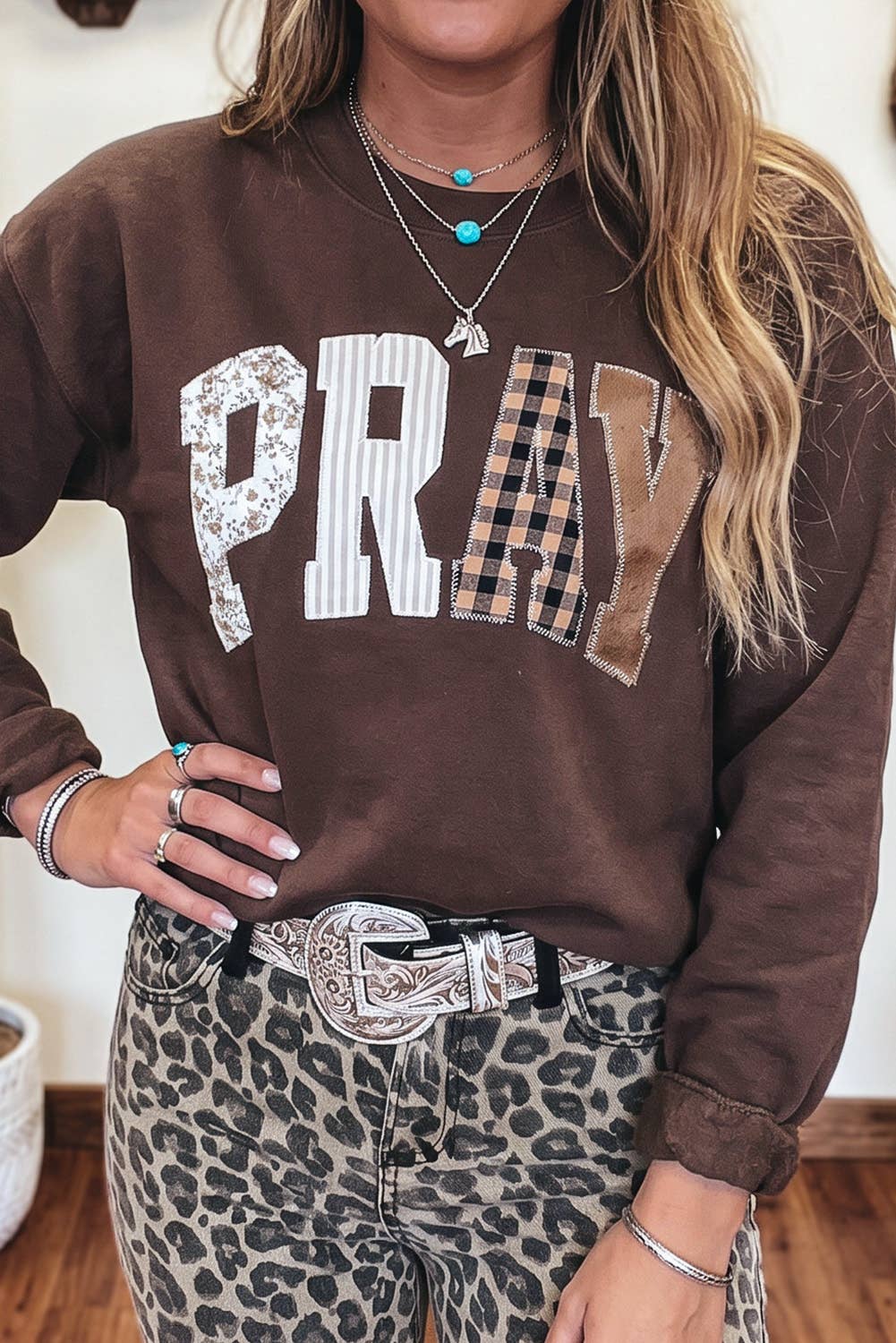 Striped PRAY Embroidered Patch Western Sweatshirt