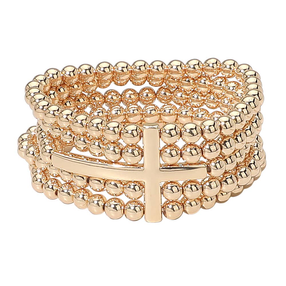 Metal Cross Accent Layered Beaded Strand Stretch Bracelet