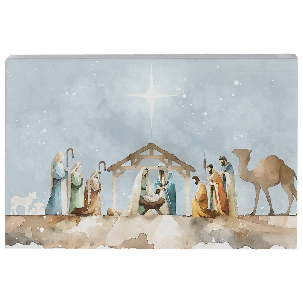 Watercolor Nativity Scene Christmas Tabletop Block Sign