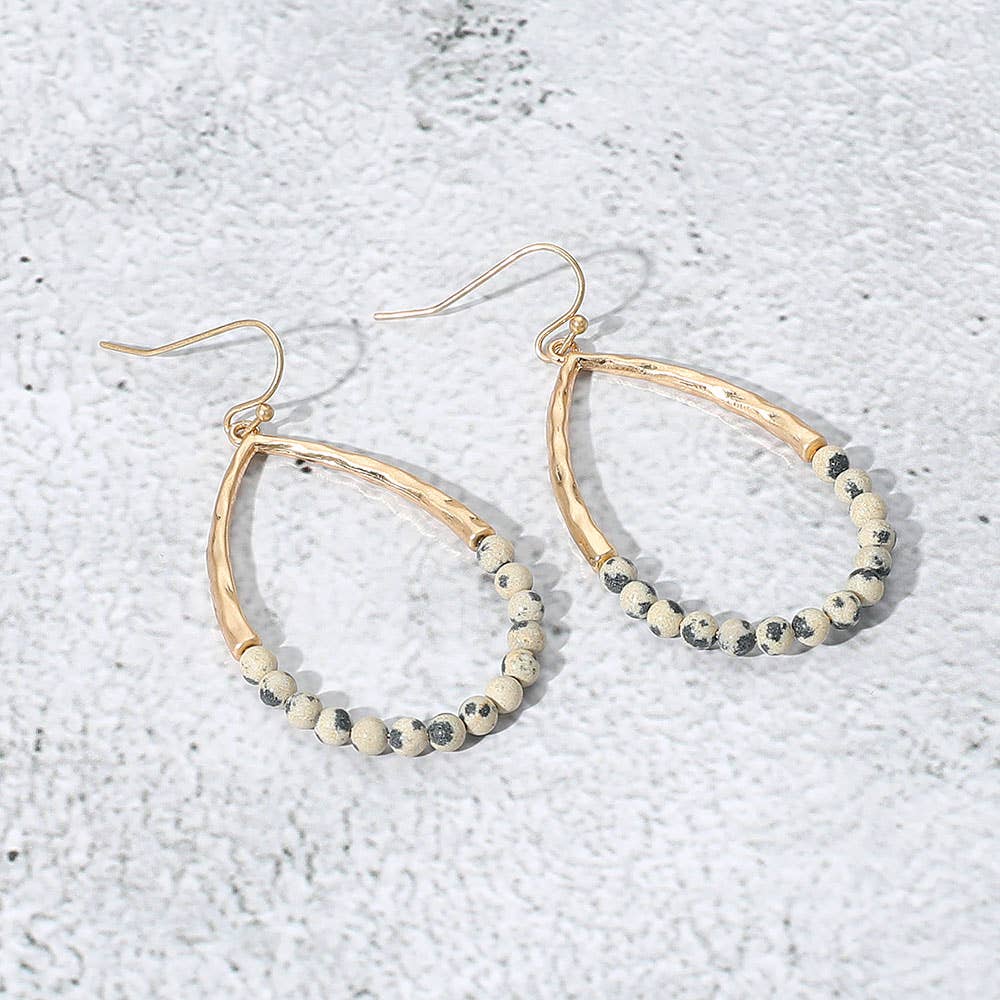 Hammered Metal Stone Beaded Open Teardrop Dangle Earrings