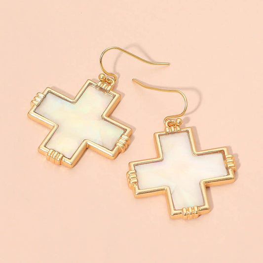 Abalone Cross Charm Drop Dangle Earrings