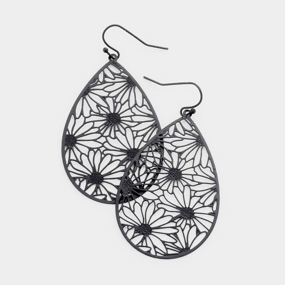 Filigree Flower Detail Brass Metal Teardrop Dangle Earrings