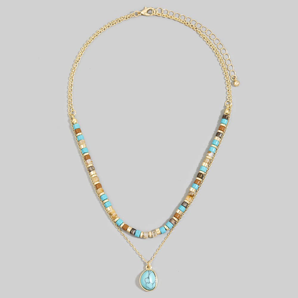 Layered Turquoise Stone Pendant And Bead Necklace