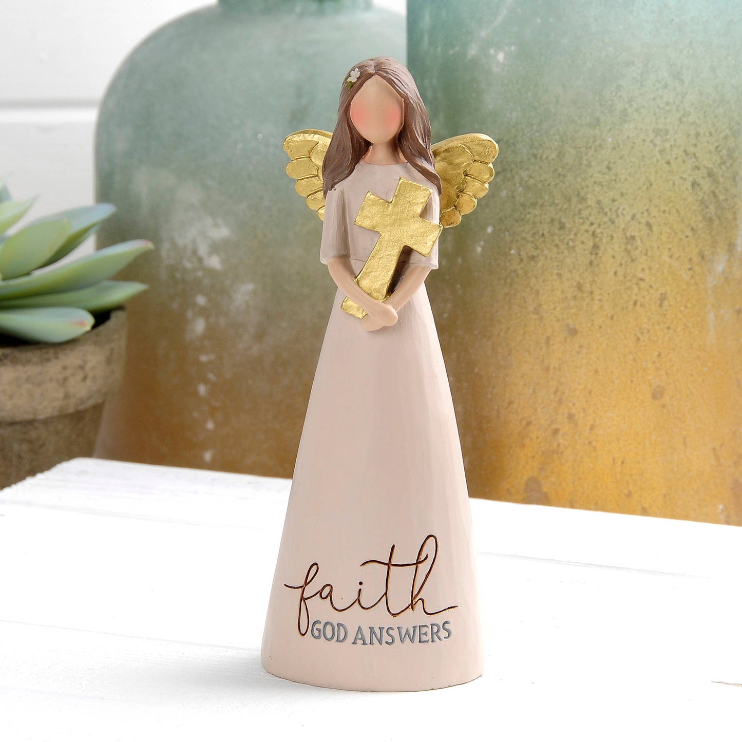 “Faith God Answers” Angel Holding Gold Cross