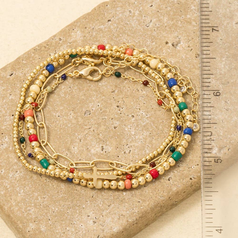 Cross Charm Mixed Beads And Chains Bracelet