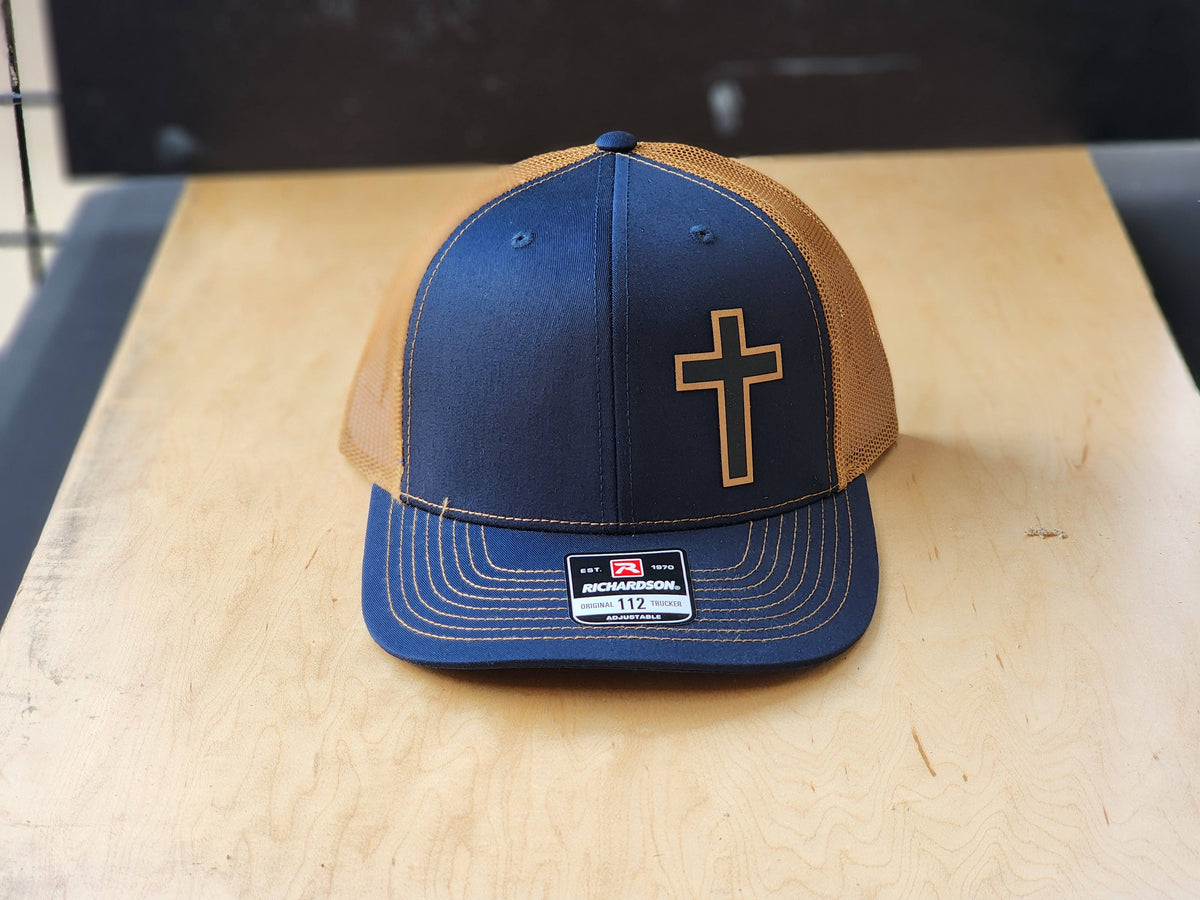 Cross Design Patch Hat – Navy Tan Faith Trucker Cap