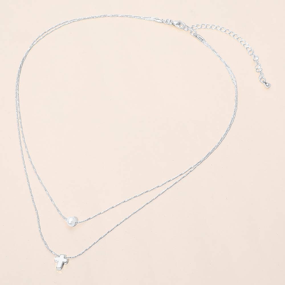 Mini Cross Pearl Pendant Accent Layered Necklace
