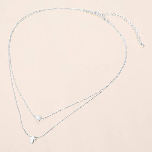 Mini Cross Pearl Pendant Accent Layered Necklace