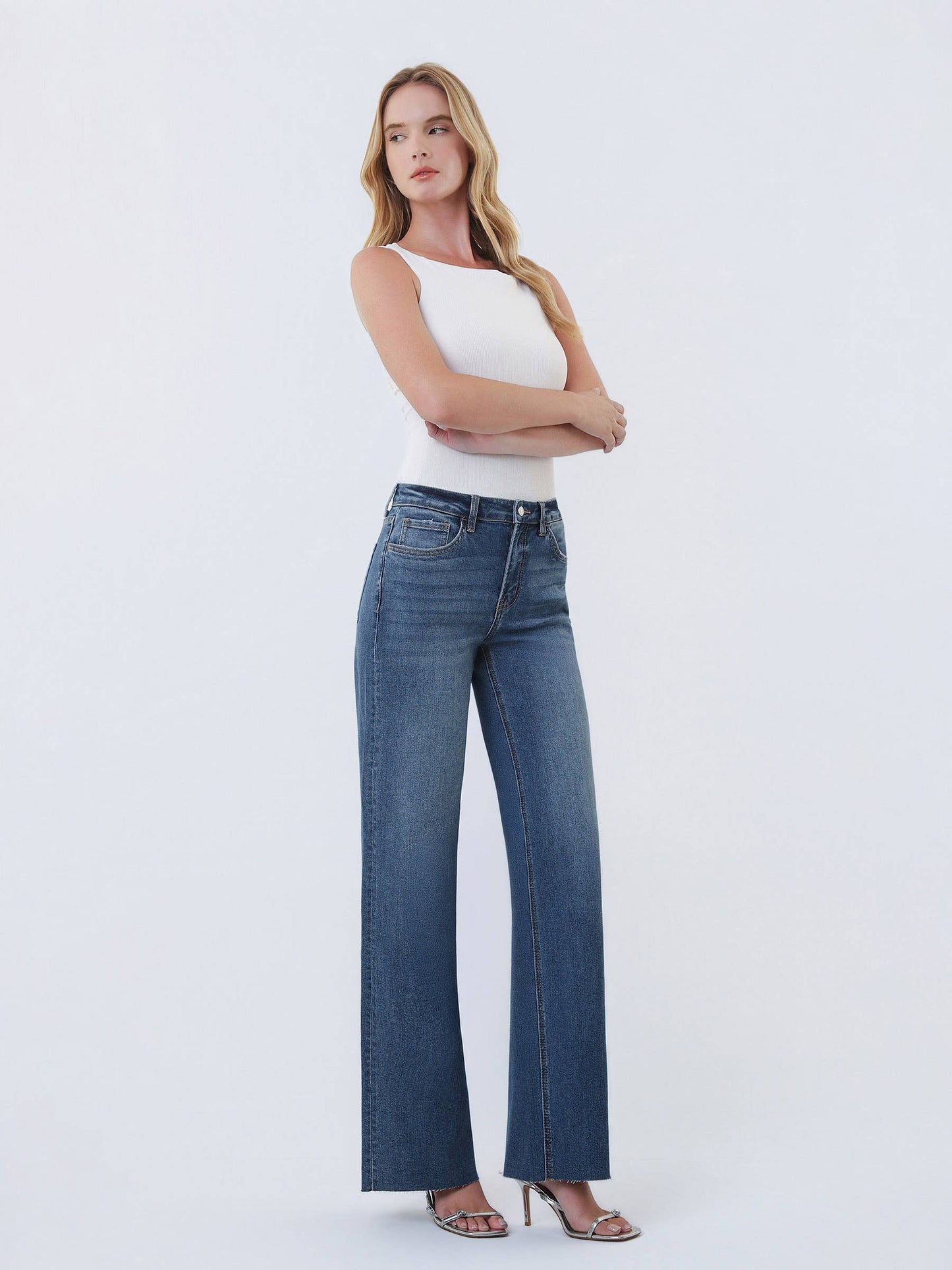 LOVERVET HIGH RISE DARK WASH CLEAN CUT RAW HEM WIDE JEANS LV1134