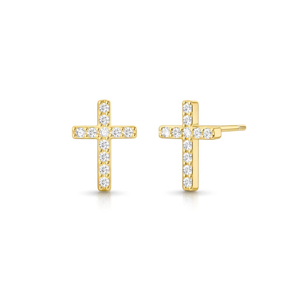 14K Gold Dipped CZ Pave Mini Cross Stud Earrings