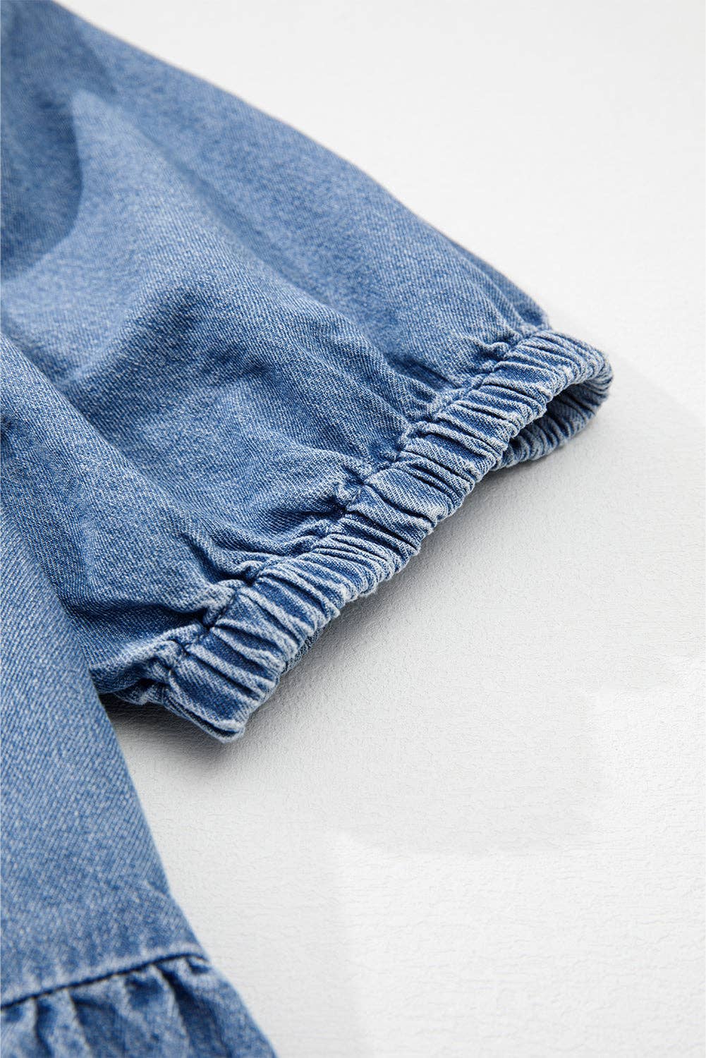 Blue Denim Tie Front Puff Sleeve Peplum Blouse