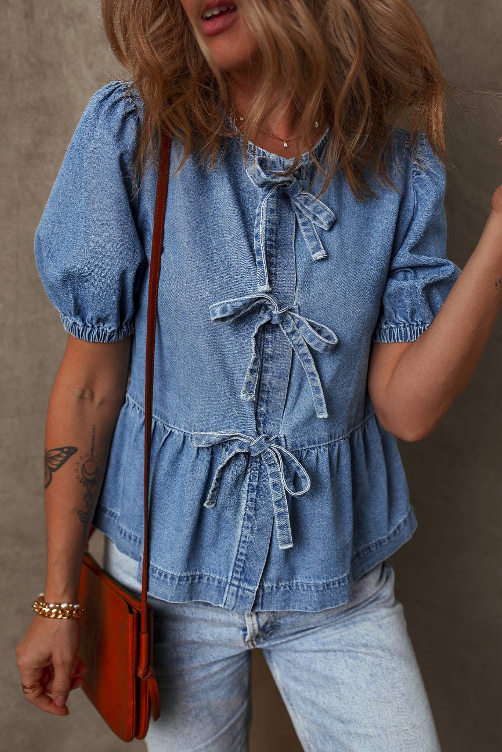 Blue Denim Tie Front Puff Sleeve Peplum Blouse