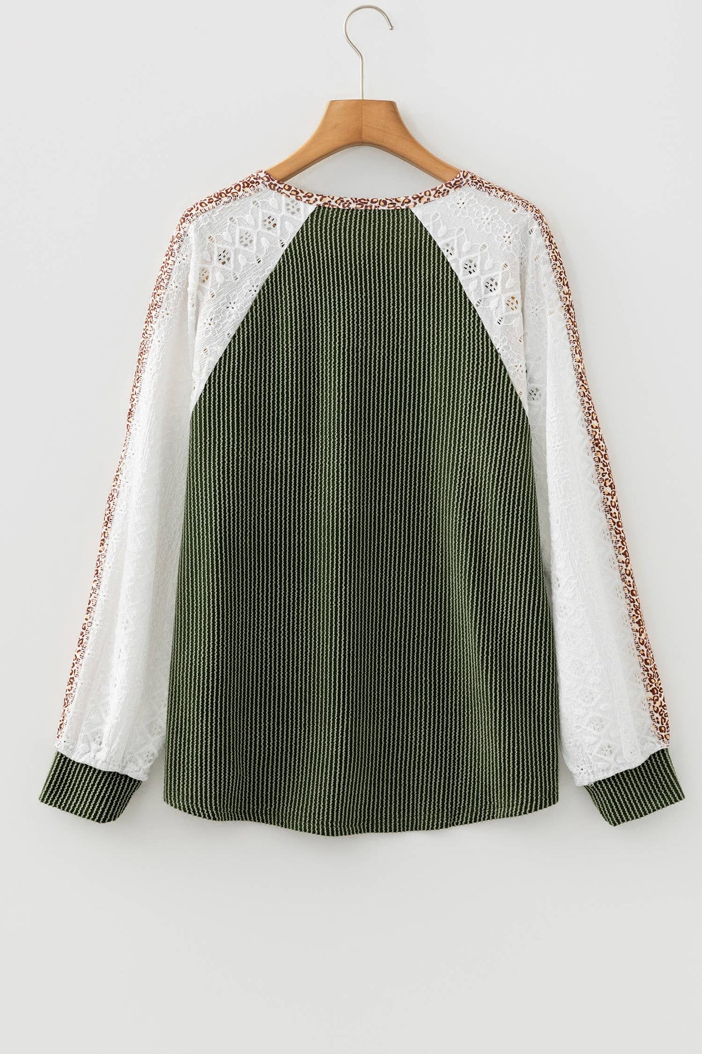 Ribbed Leopard Lace Contrast Patchwork Sleeve Top (S-XL)