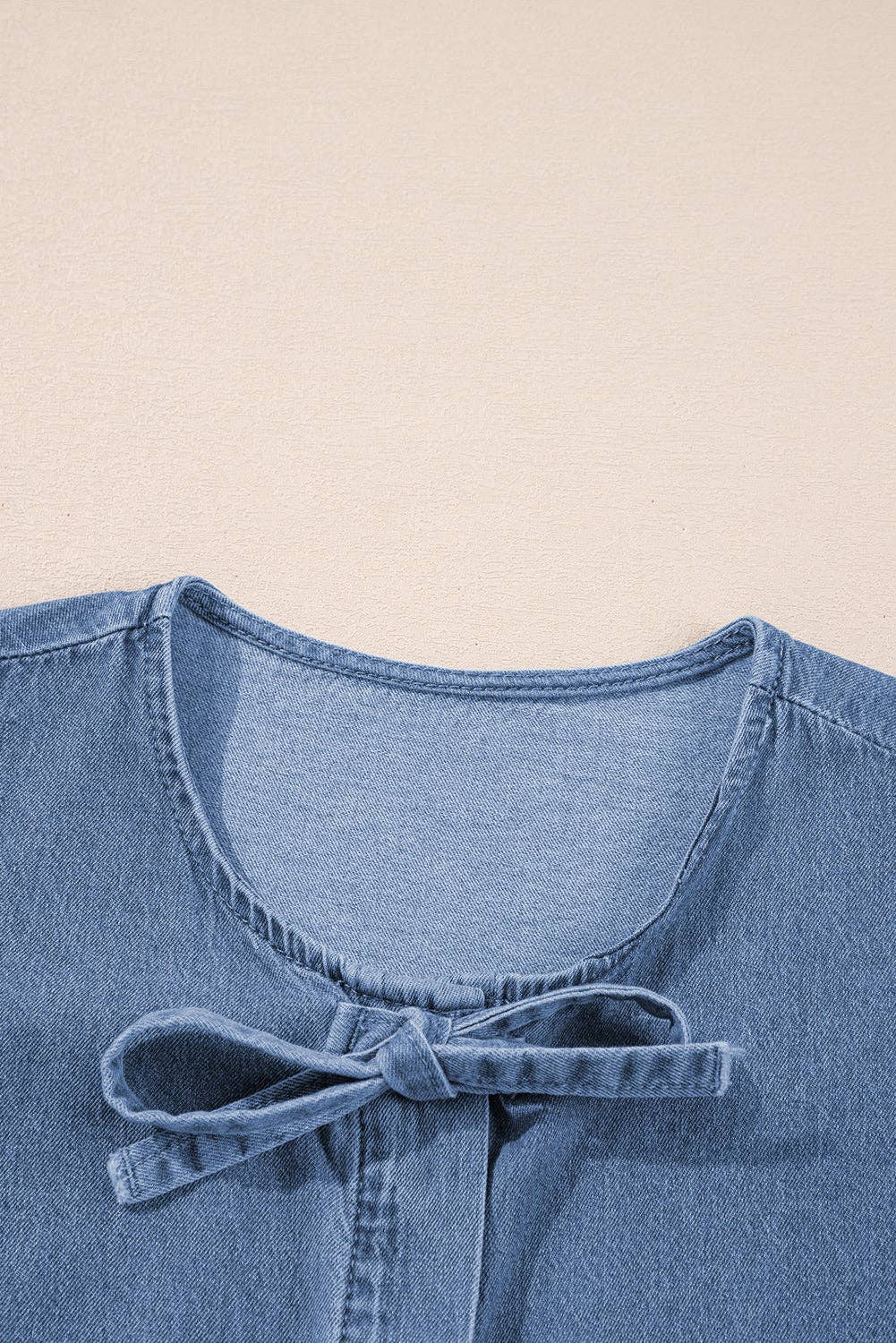 Blue Denim Tie Front Puff Sleeve Peplum Blouse