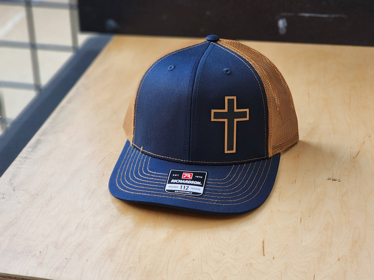 Cross Design Patch Hat – Navy Tan Faith Trucker Cap