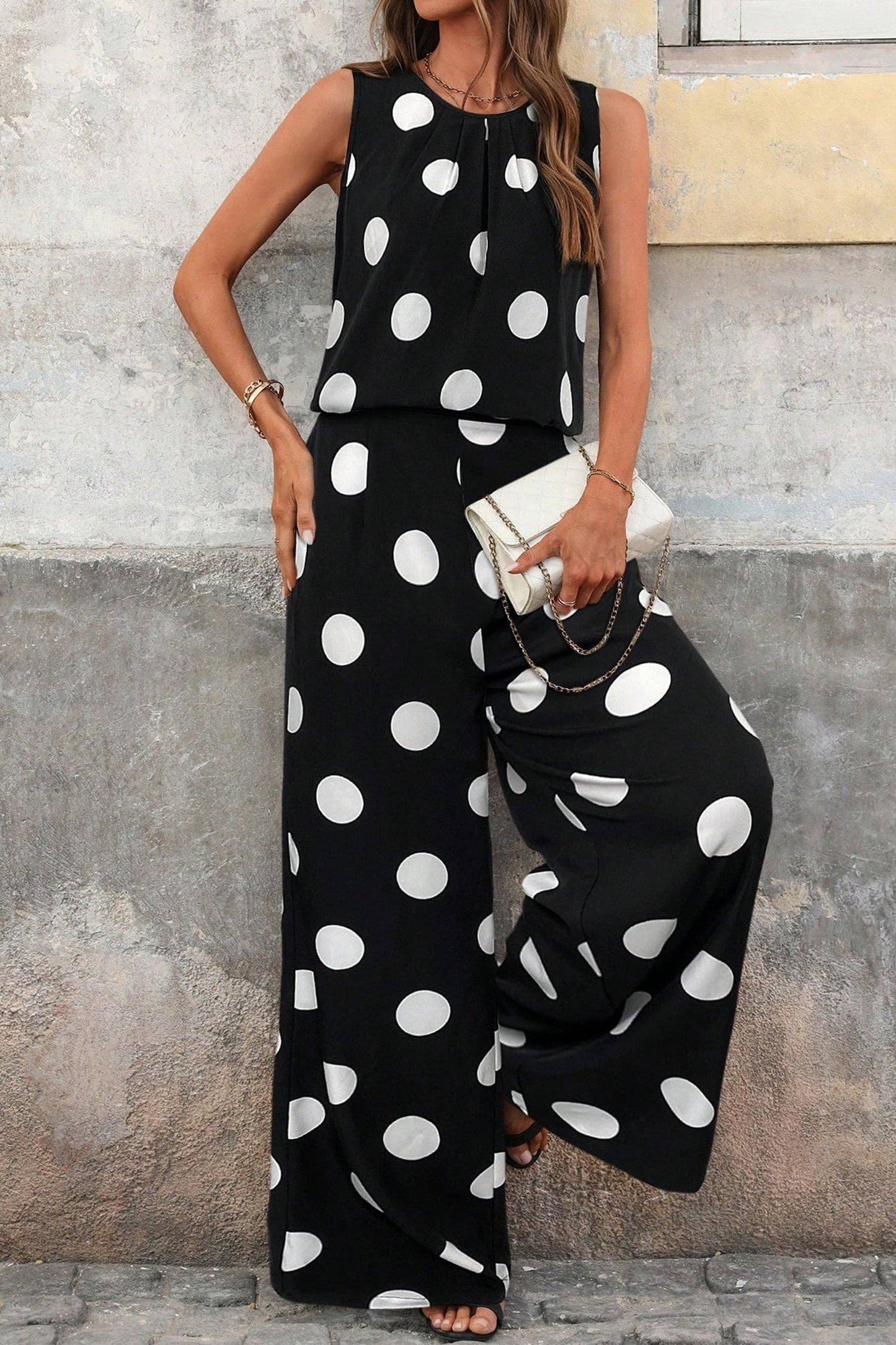 Black Polka Dot Wide Leg Pants and Tank Lounge Set