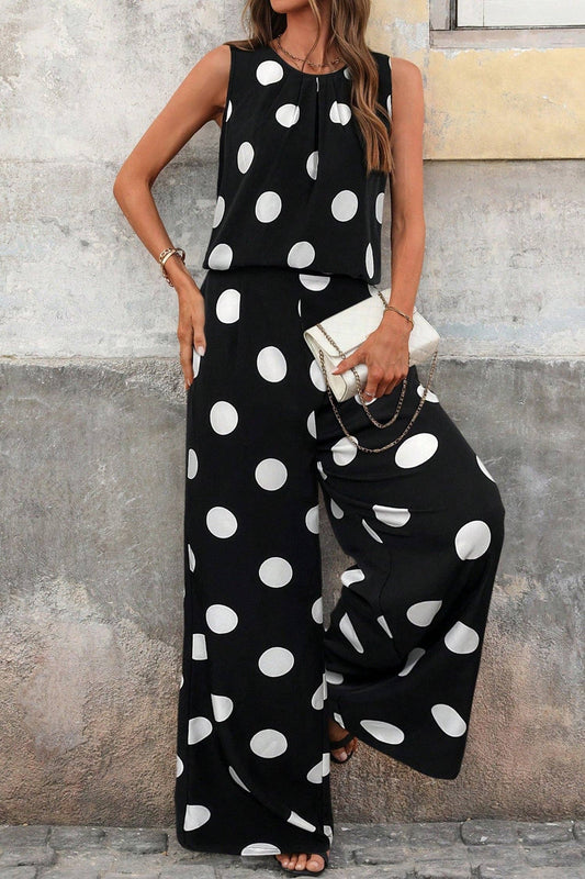 Black Polka Dot Wide Leg Pants and Tank Lounge Set