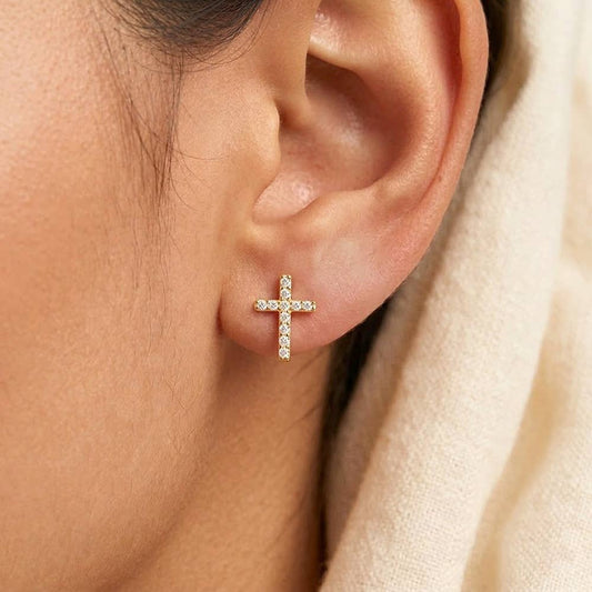 14K Gold Dipped CZ Pave Mini Cross Stud Earrings
