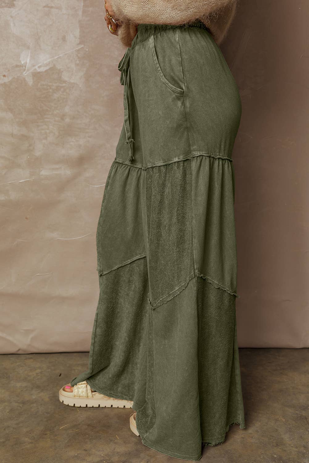 Mineral Wash Tiered Wide Leg Patch Drawstring Pants Green