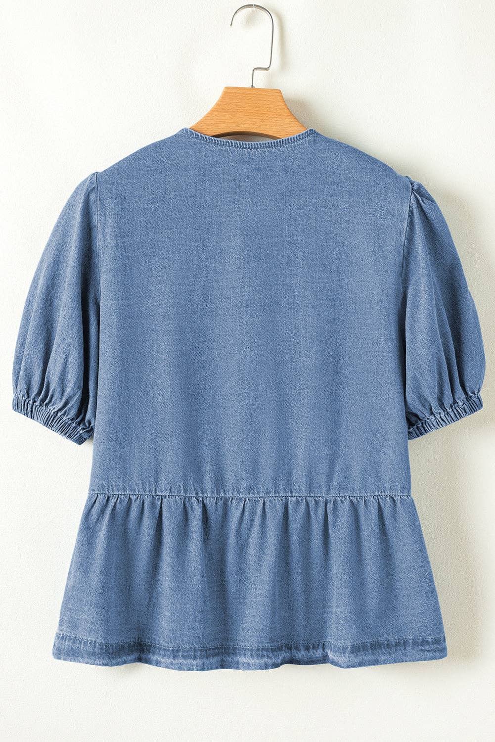 Blue Denim Tie Front Puff Sleeve Peplum Blouse