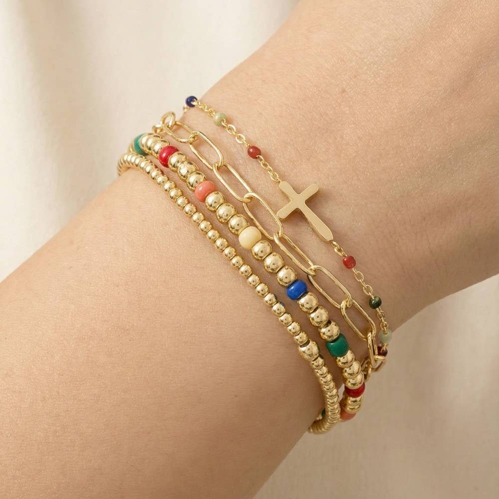 Cross Charm Mixed Beads And Chains Bracelet