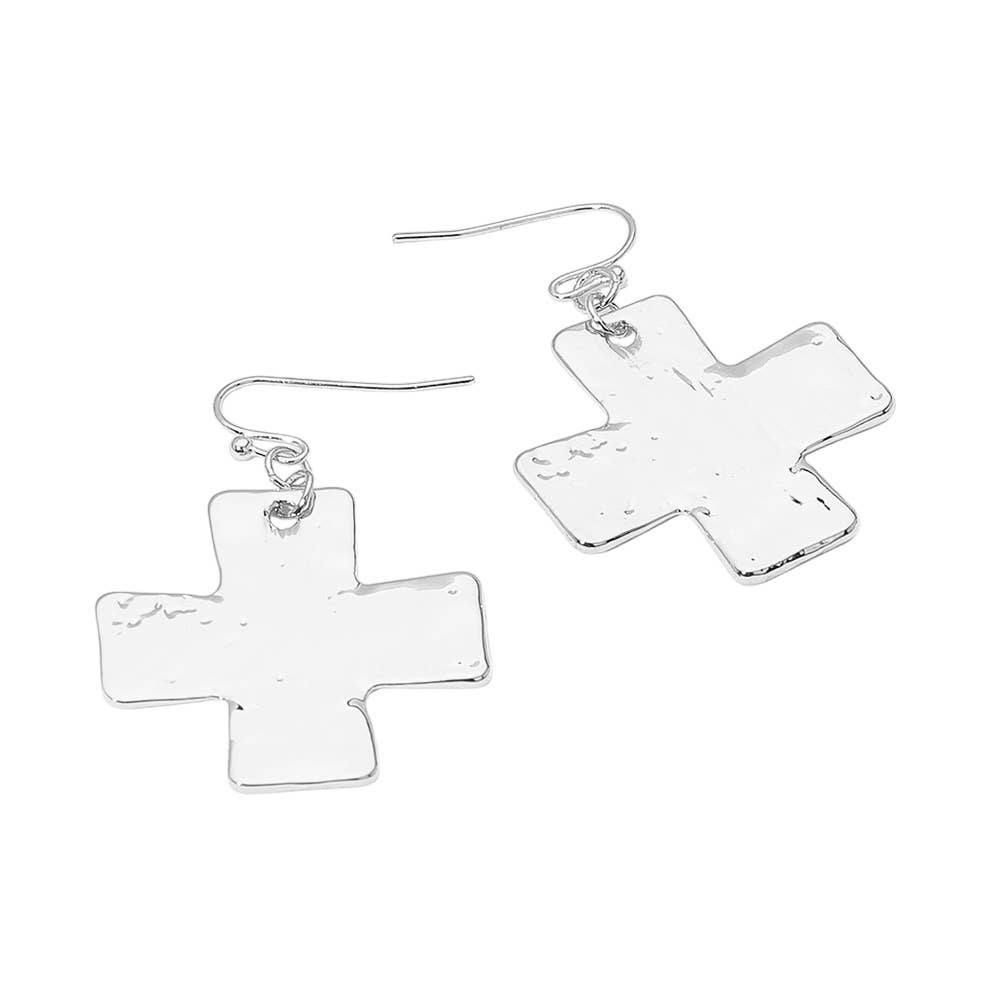 Hammered Metal Cross Dangle Earrings