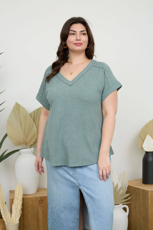PLUS RAW EDGE V NECK EXTENDED SLEEVE KNIT TOP - Sage